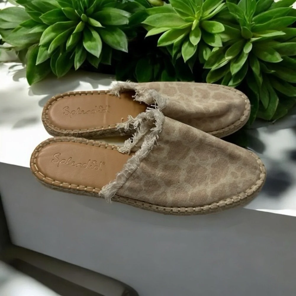 Splendid Jessica Leopard Espadrille Mules Womens 8.5 Tan Fringed Slides Shoes